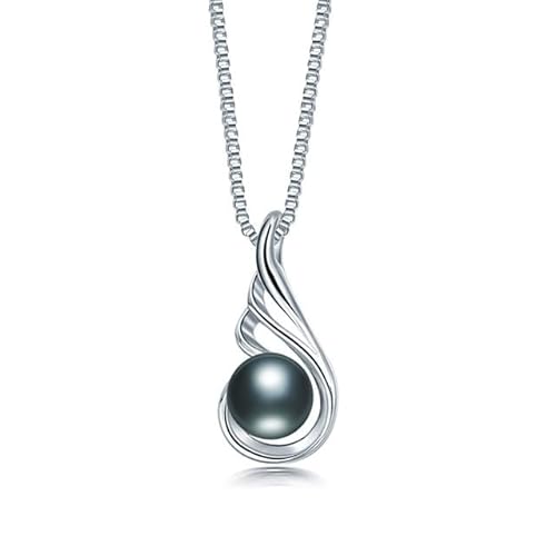 BgnEhRfL Perle, Perlenanhänger, Halskette, echte Süßwasser-Zuchtperle for Damen, eleganter Anhänger, Halskette mit Flügel-Anhänger aus Sterlingsilber (Color : Black) von BgnEhRfL