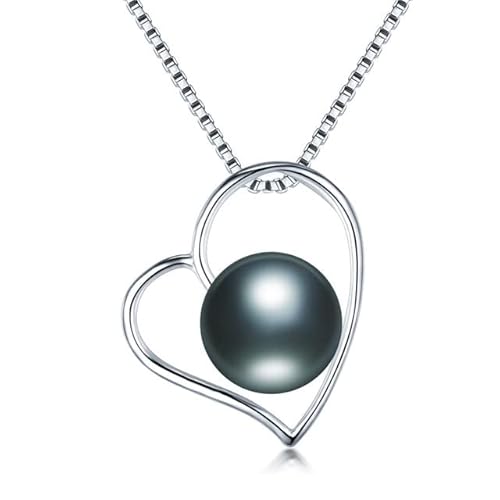 BgnEhRfL Perle, Perlenanhänger, Halskette, modischer Herz-Anhänger aus Sterlingsilber, Schmuck, echter natürlicher Süßwasserperlen-Anhänger for Frauen (Color : Black) von BgnEhRfL