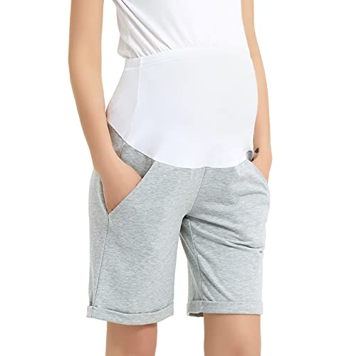 Bhome Umstands-Bermuda Shorts über dem Bauch Workout Lose Casual Schwangerschaft Hose mit Taschen, grau, Groß von Bhome