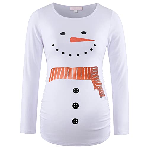 Umstandsshirt Langarm Basic Top Rüschen Seiten Bodycon T-Shirt für schwangere Frauen, Weihnachts-Schneemann, Mittel von Bhome