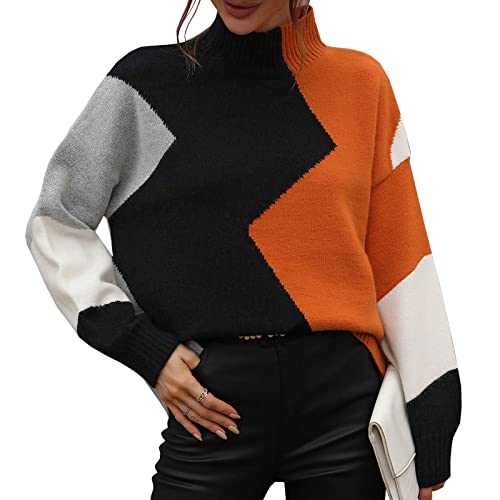 Bichingda Damen Rollkragen Langarm Farbblock Casual Lose Strickpullover Jumper Tops, Orange, L von Bichingda