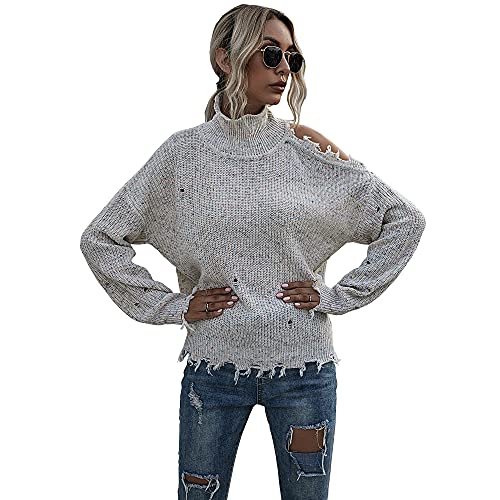 Damen Fransen Pullover Sweater Schulterfrei Ausgefranster Rohsaum Rollkragen Ripped Lose Sweater Pullover Top Strickpullover, beige, Groß von Bichingda