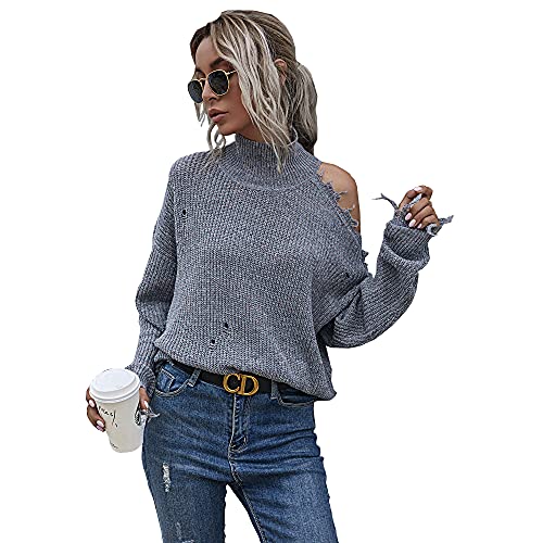 Damen Fransen Pullover Sweater Schulterfrei Ausgefranster Rohsaum Rollkragen Ripped Lose Sweater Pullover Top Strickpullover, grau, Mittel von Bichingda