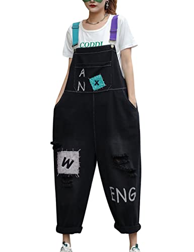 Bigassets Damen Gedruckt Jeans Latzhose Ärmelloser Spielanzug Denim Jumpsuits Overalls Style 1 Black von Bigassets