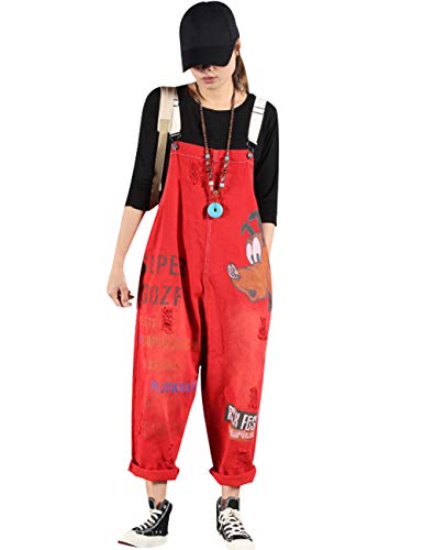 Bigassets Damen Gedruckt Jeans Latzhose Ärmelloser Spielanzug Denim Jumpsuits Overalls Style 4 Red von Bigassets