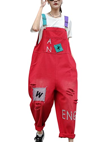 Bigassets Damen Gedruckt Jeans Latzhose Ärmelloser Spielanzug Denim Jumpsuits Overalls Style 5 Red von Bigassets