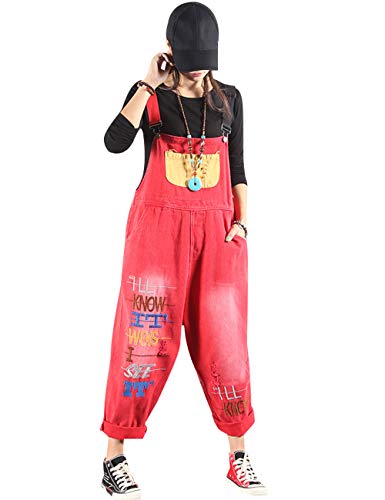 Bigassets Damen Jeans Latzhose Ärmellos Overalls Jumpsuits Style 1 Red von Bigassets