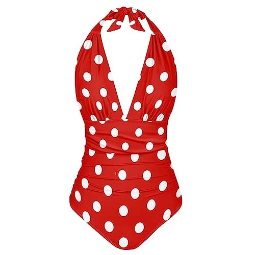 Binienty Damen-Badeanzug, V-Ausschnitt, einteilig, Neckholder, rückenfrei, gerüscht, Bauchkontrolle, trendig, Übergröße, S-3XL, Rot mit weißen Punkten, 3XL Binienty Damen-Badeanzug, V-Ausschnitt, einteilig, Neckholder, rückenfrei, gerüscht, Bauchkontrolle, trendig, Übergröße, S-3XL, Rot mit weißen Punkten, 3XL von Binienty