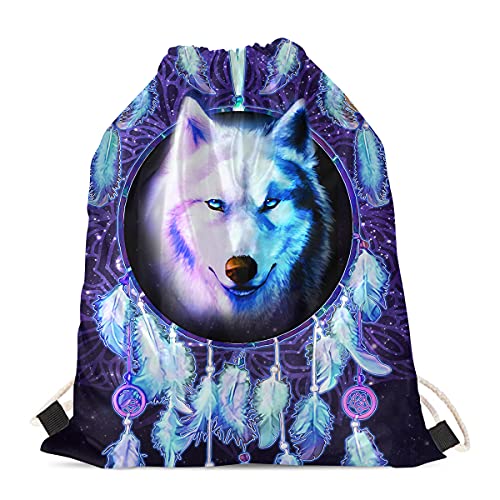 Binienty Rucksack mit Kordelzug, für Damen und Herren, Turnbeutel, Sport, Yoga, Turnbeutel, weich, strapazierfähig, Wolf Traumfänger, One size von Binienty