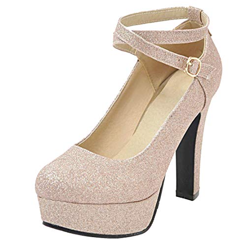 Birdsight Damen Knöchelriemen Pumps mit Riemchen High Heels Blockabsatz Glitzer Chunky Heels Plateau 12cm Absatz Schuhe (Gold, 39) von Birdsight