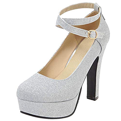 Birdsight Damen Knöchelriemen Pumps mit Riemchen High Heels Blockabsatz Glitzer Chunky Heels Plateau 12cm Absatz Schuhe (Silber, 41) von Birdsight