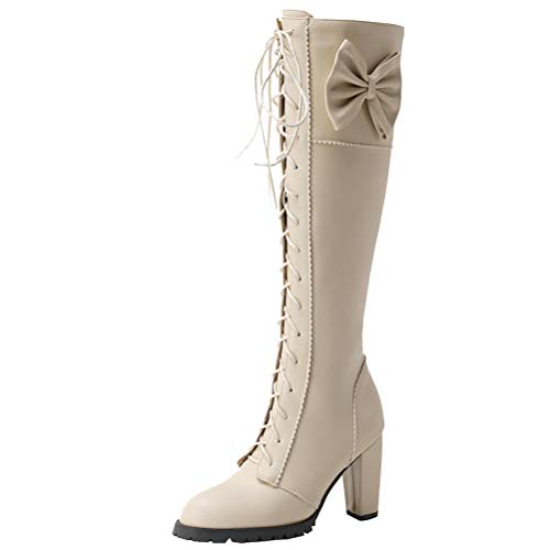 Birdsight Damen Schnürstiefel Kniehoch High Heels mit Blockabsatz und Schleife Kniehohe Boots zum Schnüren Rockabilly Cosplay Schuhe (Beige, 44) von Birdsight