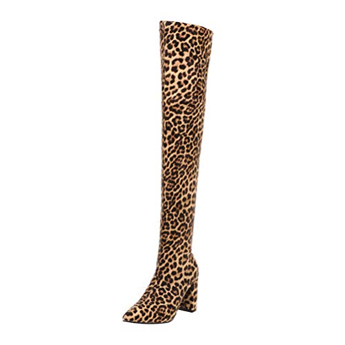 Birdsight Damen Spitze High Heels Overknee Stiefel Blockabsatz Stretch Boots Leopardenmuster Herbst Winter Lange Stiefel(Leopard,37) von Birdsight