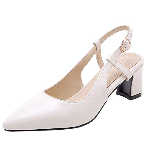 Birdsight Damen Spitze Slingbacks Pumps mit Blockabsatz und Schnalle Chunky Heels Elegant Schuhe (EU 34, Weiss) von Birdsight