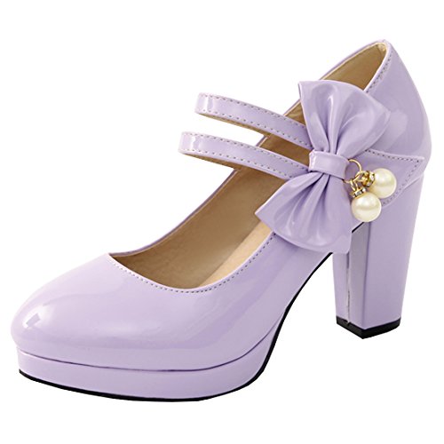 Birdsight Mary Jane Damenschuhe Pumps mit Schleife und Blockabsatz High Heels Damen 9cm Absatz Rockabilly Süße Schuhe (Violett, 42) von Birdsight