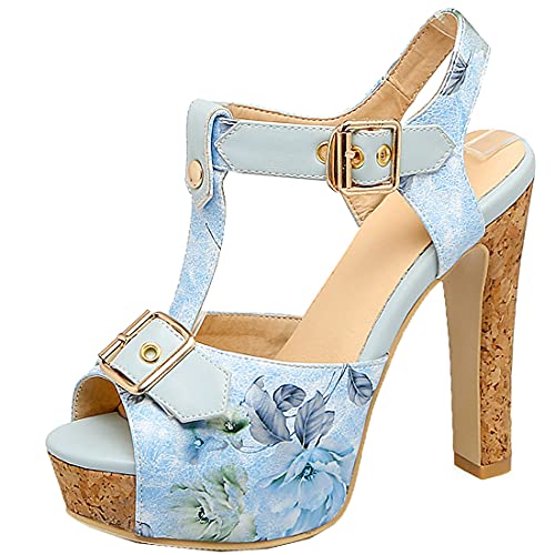 Birdsight T-Bar Knöchelriemchen Sandalen Blockabsatz High Heels Riemchen Sandaletten mit Plateau Peeptoe Sommer Schuhe (Blau, 44) von Birdsight