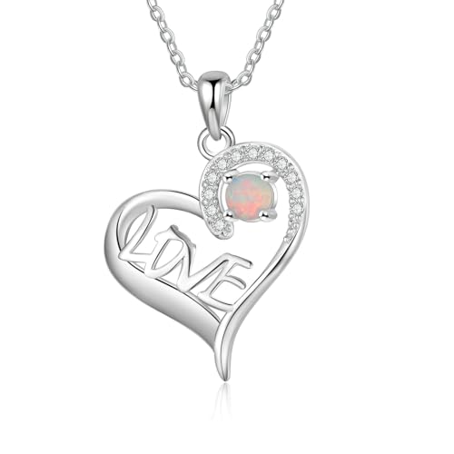 Bishilin Damen Halskette Silber 925 Personalisiert, Kette Anhänger LOVE Herz mit Opal und Zirkonia Halskette 50CM Charm für Frauen von Bishilin