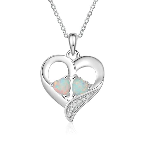 Bishilin Damen Halskette Silber 925 Personalisiert, Kette mit Anhänger Herz Opal und Weiß Zirkonia Halskette 50CM Charm für Frauen von Bishilin