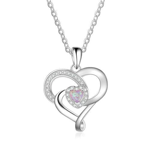 Bishilin Halskette Damen 45CM, Kette Silber 925 Charms Anhänger Herz mit Rosa Opal Halskette Personalisiert für Frauen von Bishilin