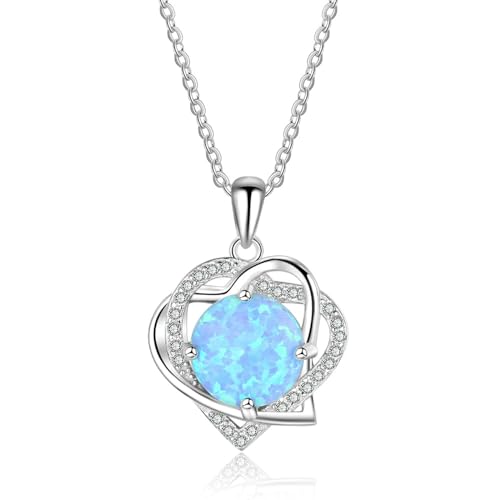 Bishilin Halskette Damen Silber 925, Kette 45CM Charms Anhänger Doppelte Herzen mit Blau Opal und Zirkonia Halskette Personalisiert für Frauen von Bishilin