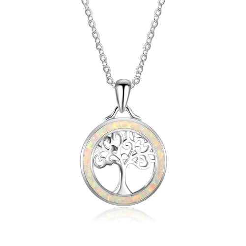 Bishilin Halskette Damen Silber 925, Kette 45CM Charms Anhänger Lebensbaum mit Opal Halskette Personalisiert für Frauen von Bishilin