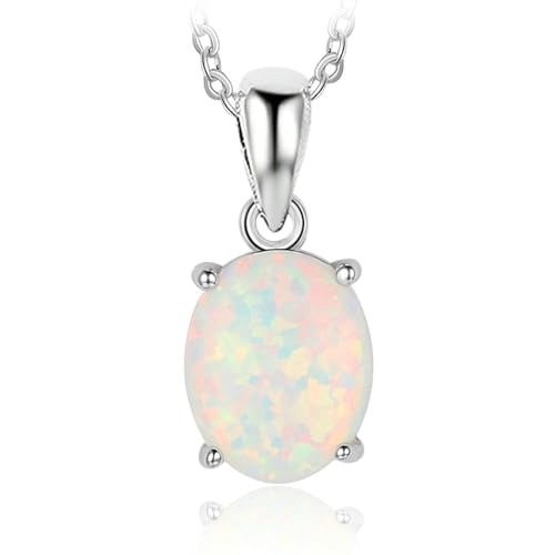 Bishilin Halskette Damen Silber 925, Kette 45CM Charms Anhänger Solitär mit Oval Opal Halskette Personalisiert für Frauen von Bishilin