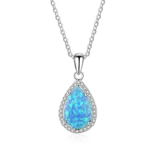 Bishilin Halskette Damen Silber 925 45CM, Kette Charms Anhänger Tropfen mit Blau Opal und Zirkonia Halskette Personalisiert für Frauen von Bishilin