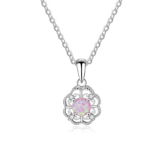 Bishilin Halskette Silber 925 45CM, Kette Damen Charms Anhänger Blume mit Rosa Opal Halskette Personalisiert für Frauen von Bishilin