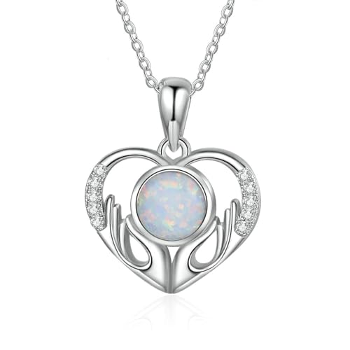 Bishilin Halskette Silber 925 Personalisiert Damen, Kette Charms Anhänger Herz mit Opal und Zirkonia Halskette Personalisiert 45CM von Bishilin