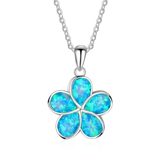 Bishilin Halskette für Frauen, Damen Kette Silber 925 Blume mit Blau Opal Anhänger Halskette Personalisiert Charm 45CM von Bishilin