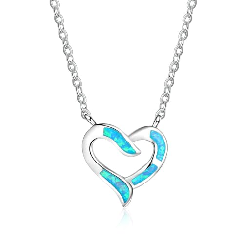 Bishilin Halskette für Frauen, Damen Kette Silber 925 Herz mit Blau Opal Anhänger Halskette Personalisiert Charm 45CM von Bishilin