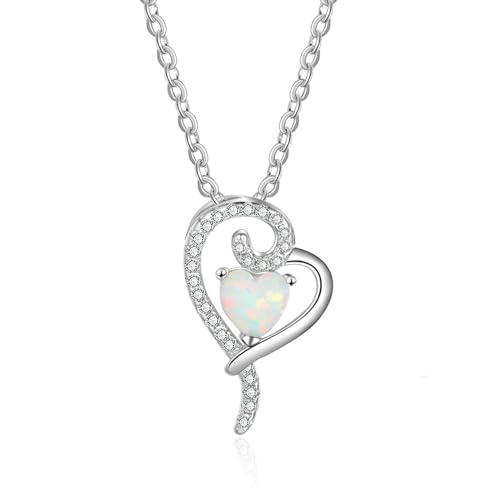 Bishilin Halskette für Frauen, Damen Kette Silber 925 Herz mit Opal und Zirkonia Anhänger Halskette Personalisiert Charm 45CM von Bishilin