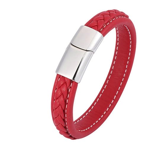 Bishilin Herren Armbänder Leder 12MM, Personalisiertes Armband Männer Gewebt mit Magnetverschluss Leder Armbänder Rot 16.5CM von Bishilin