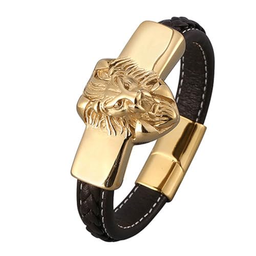 Bishilin Herren Armband Leder Braun 20.5CM, Partner Armband Magnetisch mit Löwe Lederarmband Personalisiert 12MM von Bishilin