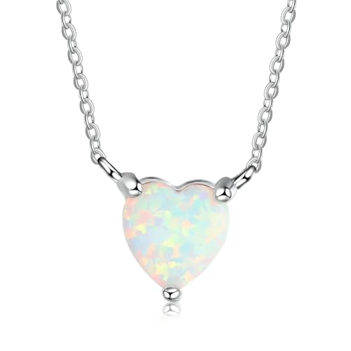 Bishilin Kette Damen Silber 925, Halskette mit Charms Anhänger Herz Opal Kette 45CM Personalisiert für Frauen von Bishilin