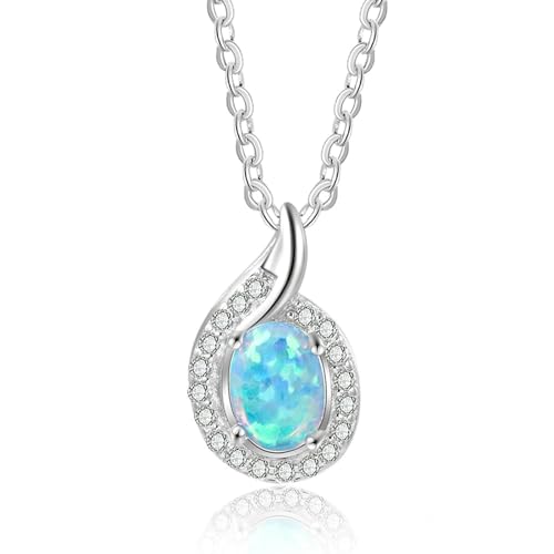 Bishilin Kette Silber 925 Damen, Halskette Charms Anhänger Tropfen mit Oval Opal und Zirkonia Kette 45CM Personalisiert für Frauen von Bishilin