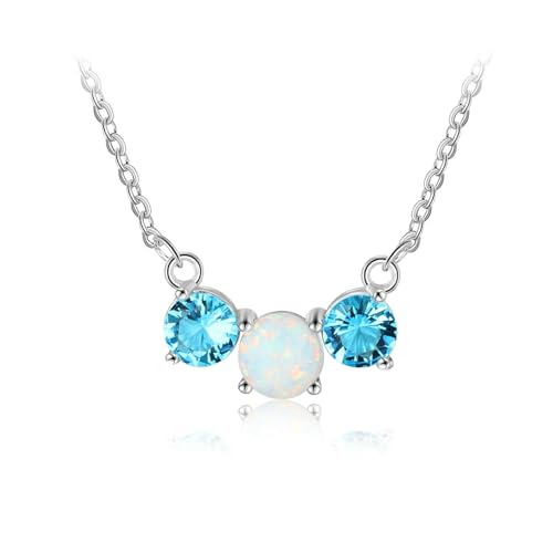 Bishilin Kette Silber 925 mit Anhänger Personalisiert, Damen Halskette mit 3 Steine Opal und Blau Zirkonia Anhänger Charm mit Kette Silber von Bishilin