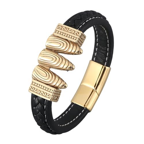 Bishilin Lederarmband für Männer 16.5CM, Partner Armband Magnetisch Personalisiert mit Vintage Geometrie Charm Armband Herren Schwarz 12MM von Bishilin