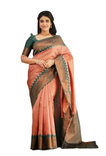 BishtHub Fashion Damen Jacquard Weiche Seide Saree Mit Ungenähtem Blusenstück, Pfirsich, Einheitsgröße von BishtHub Fashion