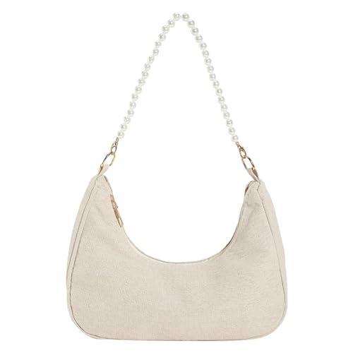 Umhängetasche Damen mit Perlenkette Klein Vintage Handtasche Frauen Kleine Segeltuchtasche Clutch Geldbörse Vintage Shoulder Mini Handtasche Unterarmtasche für Frauen Schultertaschen (Beige, One Size) von Bkazwe