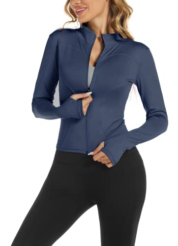 Bkul Laufjacke Damen Atmungsaktive Sportjacke Langarm Running-Jacken Yoga Fitness Sportjacke mit Reißverschluss Trainingsjacke mit Daumenlöchern Marine S von Bkul