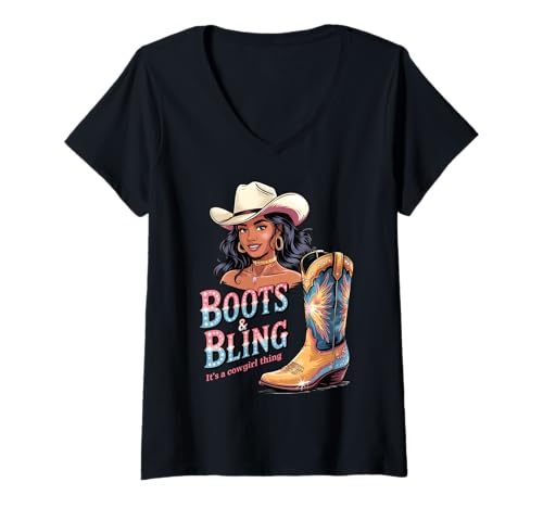 Damen Black Cowgirl Melanin - Boots & Bling It's a Cowgirl Thing T-Shirt mit V-Ausschnitt Damen Black Cowgirl Melanin - Boots & Bling It's a Cowgirl Thing T-Shirt mit V-Ausschnitt von Black History Texas African American Cowgirl South