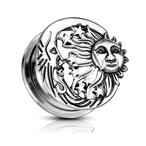 BlackAmazement 316L Edelstahl Tunnel Plug Sonne Mond und Sterne Silber Schraubverschluss Damen (16 mm - 1 Stück) von BlackAmazement