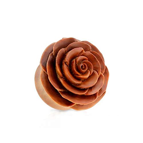 BlackAmazement Holz Plug Tunnel Inlay Piercing Handgeschnitzt Saba Wood Rose Rosenknospe Blüte Saddle Fit Damen (Ø 12mm - 1 Stück) von BlackAmazement