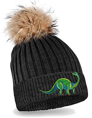 Blackshirt Company Kinder Mütze Dinosaurier Strickmütze mit Bommel Beanie Dino Kappe Farbe Schwarz von Blackshirt Company