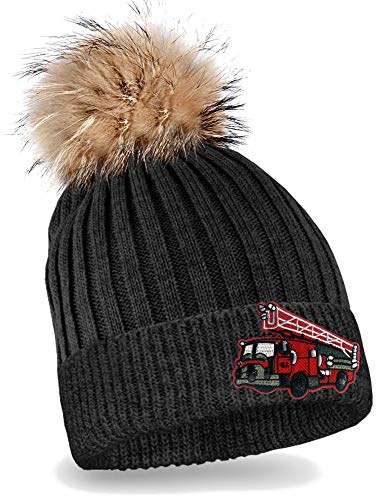 Blackshirt Company Kinder Mütze Feuerwehrauto Strickmütze mit Bommel Beanie Feuerwehr Kappe Farbe Schwarz von Blackshirt Company