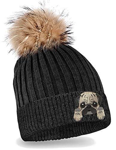 Blackshirt Company Kinder Mütze Mops Strickmütze mit Bommel Beanie Kappe Farbe Schwarz von Blackshirt Company