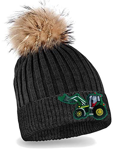 Blackshirt Company Kinder Mütze mit Bommel Traktor Strickmütze Beanie Trecker Kappe Farbe Schwarz von Blackshirt Company