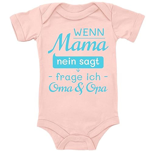 Blauer-Storch Baby Body in Apricot Wenn Mama nein sagt, frage ich Oma und Opa Lustiger Spruch, Geschenk zur Geburt von den Großeltern von Blauer-Storch