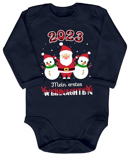 Blauer-Storch Baby Body in Dunkelblau 2023 Mein erstes Weihnachten, Weihnachtsmann mit Schneemännern Geschenk zu Weihnachten, Nikolaus für Kleinkind Langarm Bio Baumwolle von Blauer-Storch